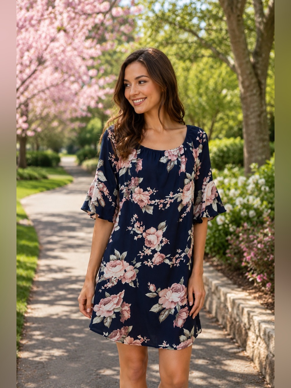 Navy Floral Shift Dress | Bell Sleeves | Size L